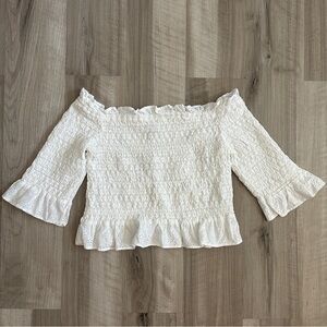 NWT Urban Outfitters White Off-the-Shoulder Smocked Eyelet Top